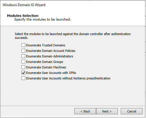 Windows Domaing IG - Enumerate User Accounts with SPNs - Modules Selection